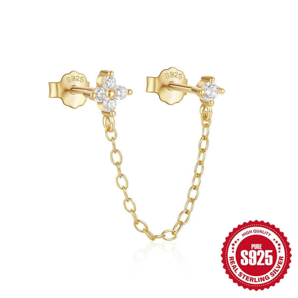 S925 sterling silver diamond flower tassel chain ear clip stud earrings in gold colour