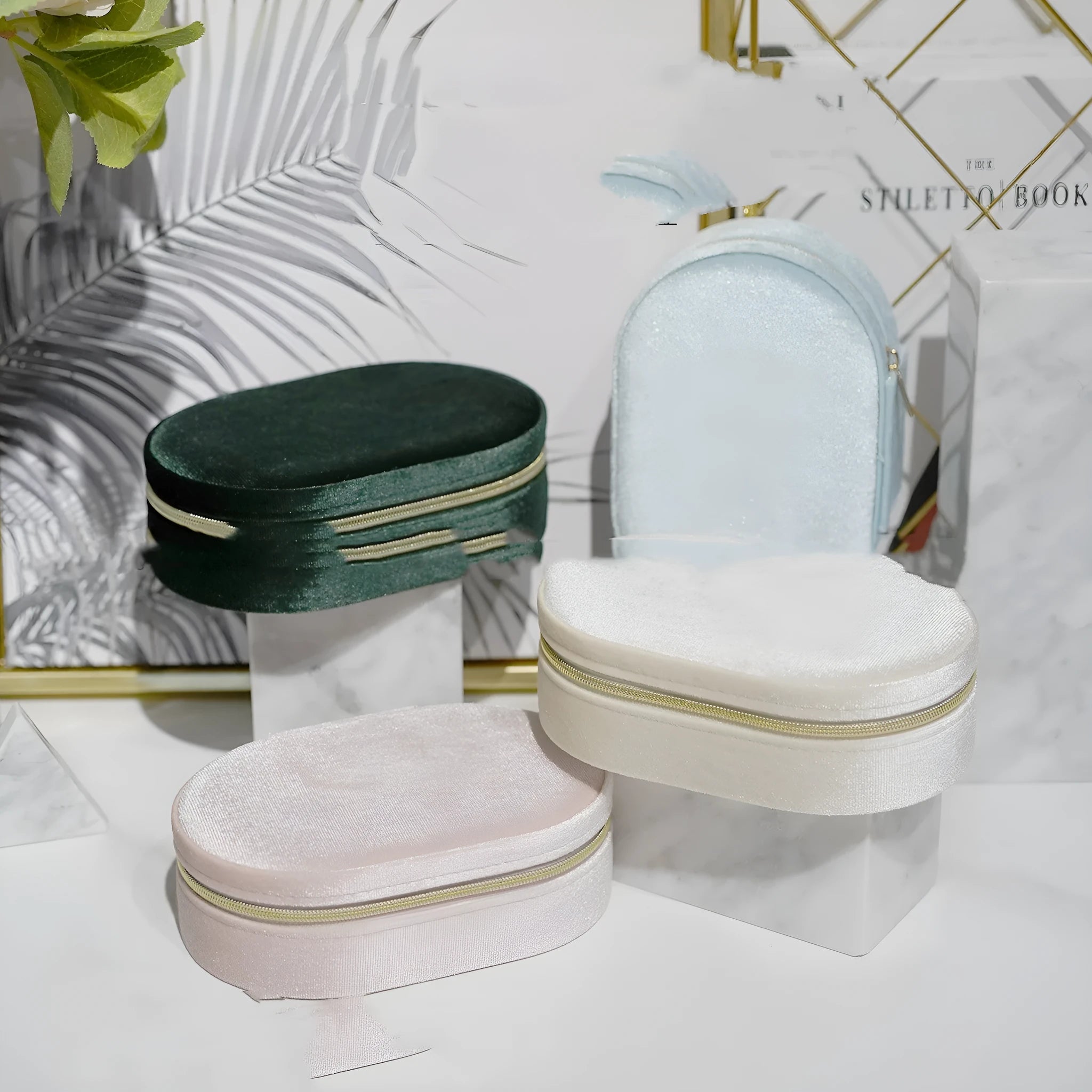 Oval velvet jewellery storage box in Korean style with flannel interior, showing colour options including lake blue, pink, and beige
