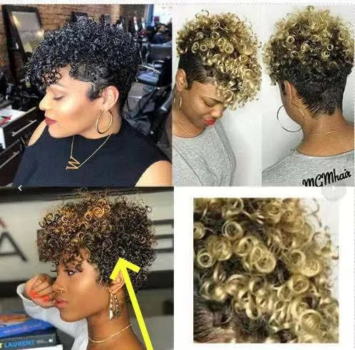 Women's short synthetic wig with simple rolls styling in exotic design showing Kanekalon fibre construction