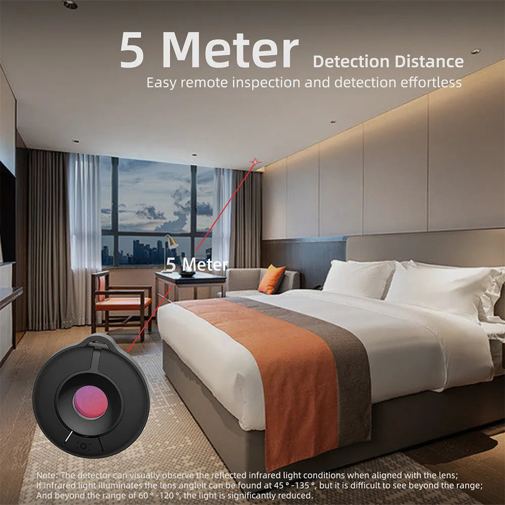 Infrared camera detector with compact design for finding hidden cameras up to 5 metres away