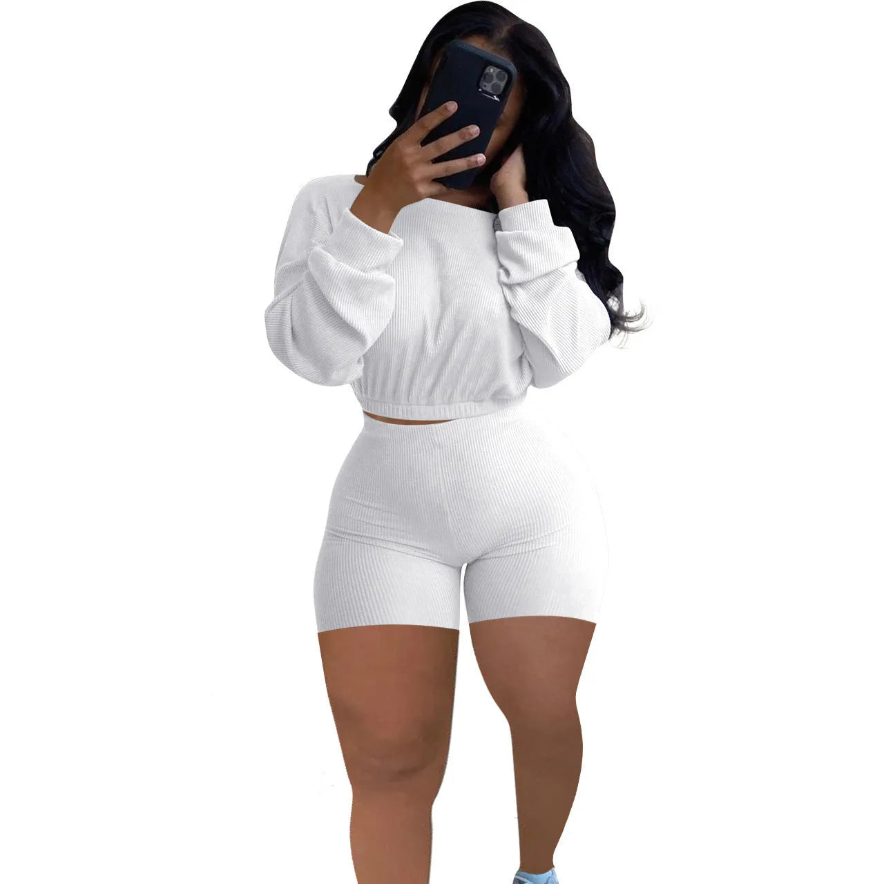 Ladies' solid colour off-the-shoulder long sleeve top and shorts two-piece set
