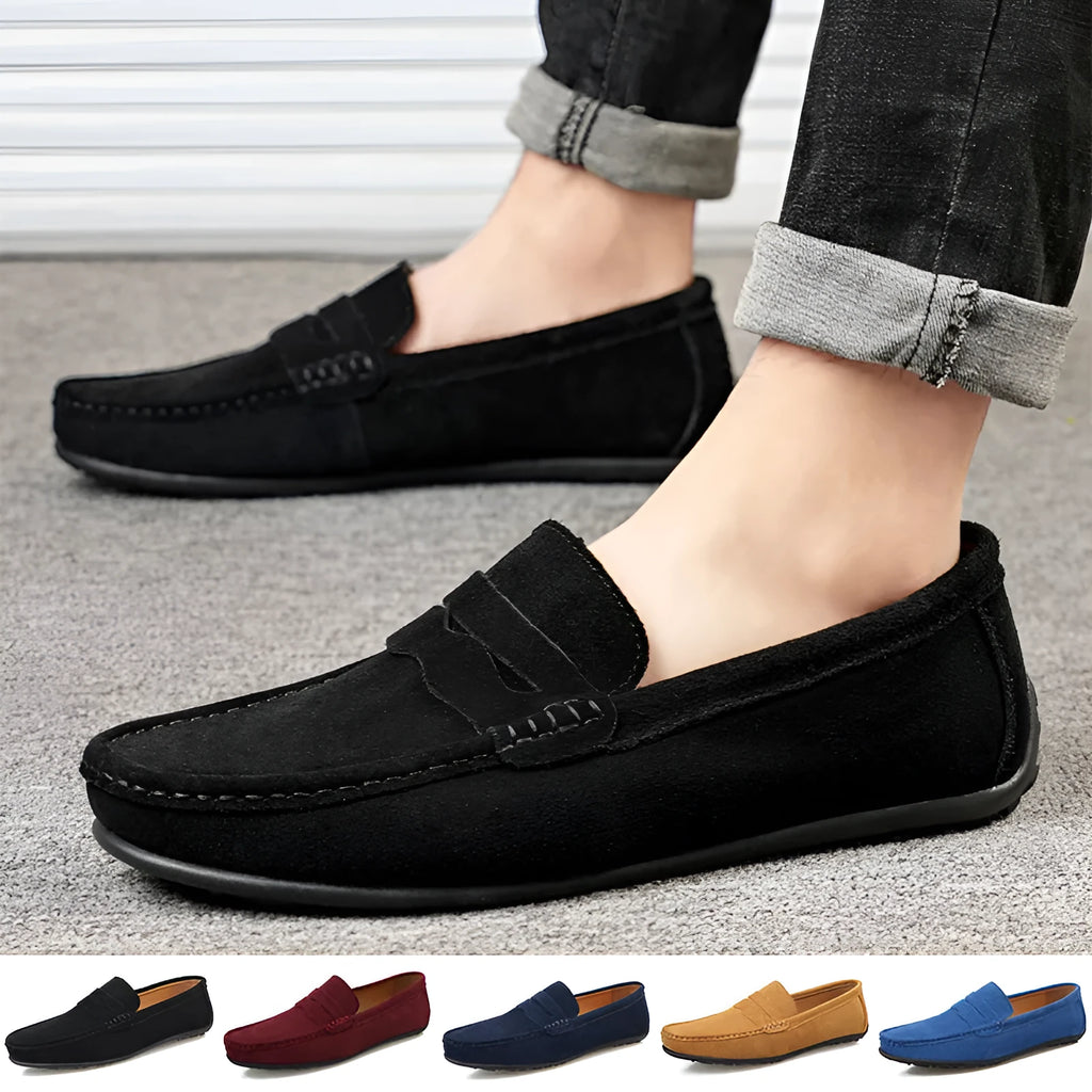 Men's solid-colour suede slip-on loafers with round toe and rubber sole