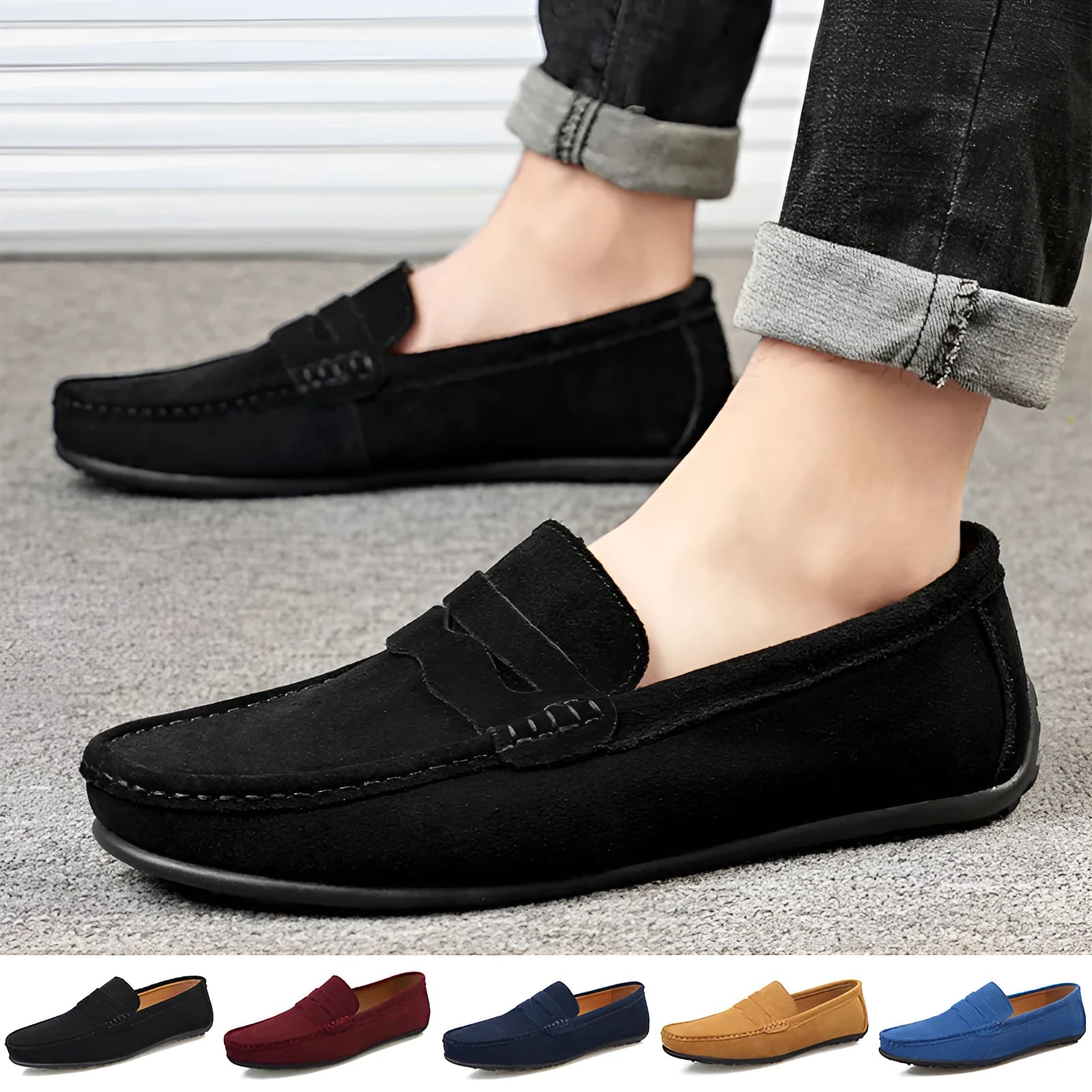 Men's solid-colour suede slip-on loafers with round toe and rubber sole