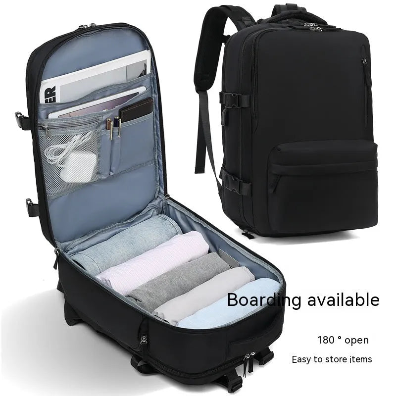 Large black nylon mummy-style travel backpack with a waterproof lining.
