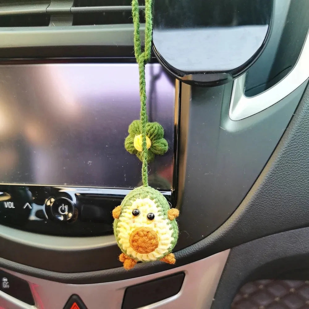 Handmade crocheted avocado with rainbow flower car pendant hanger in wool yarn