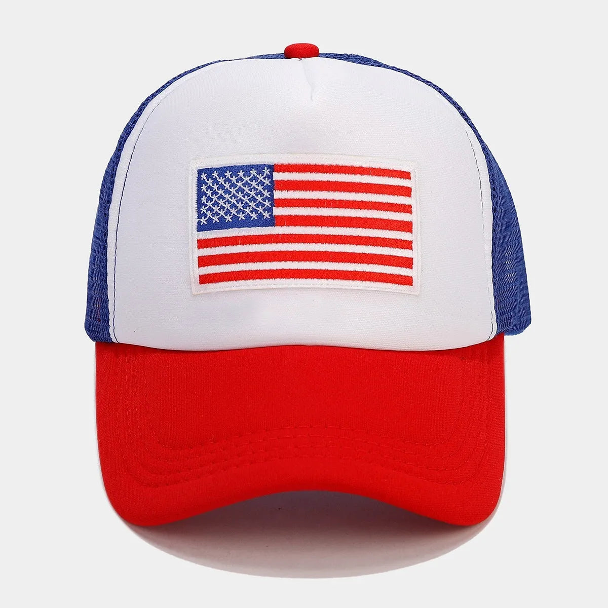 Red and blue dome-crown baseball cap with adjustable strap and breathable mesh design