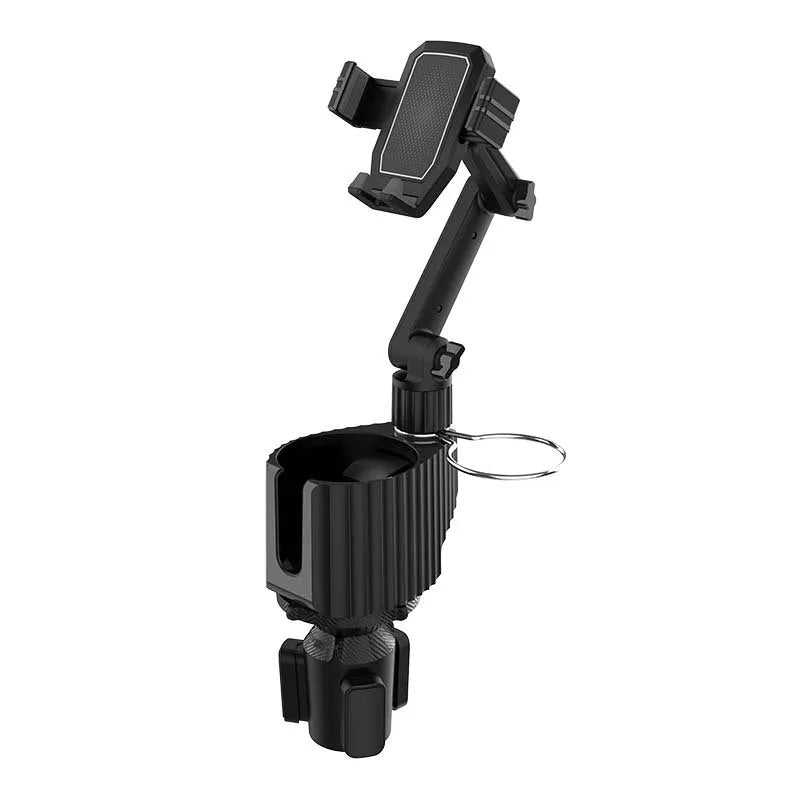 Green car dashboard drink rack with separate mobile phone holder mounted on windscreen.