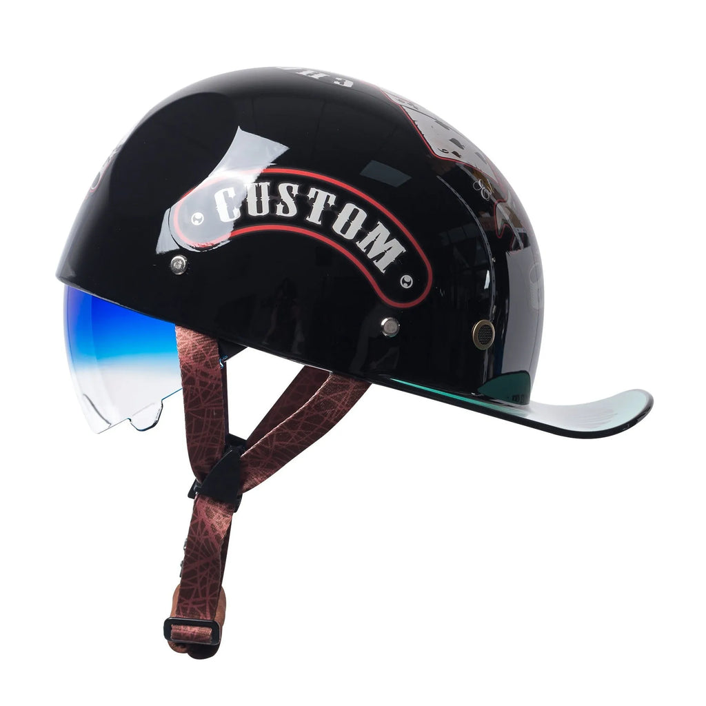 Men's electric bicycle retro half helmet in bright black gradient blue colour with visor