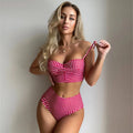 Women's high-waist plaid bikini swimsuit with split bottom briefs in rose red, black, blue, or sky blue.