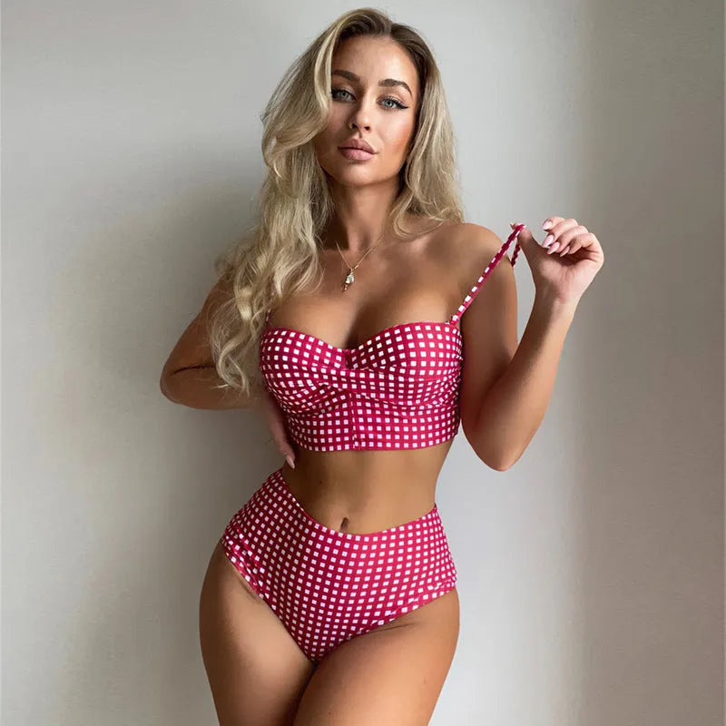 Women's high-waist plaid bikini swimsuit with split bottom briefs in rose red, black, blue, or sky blue.