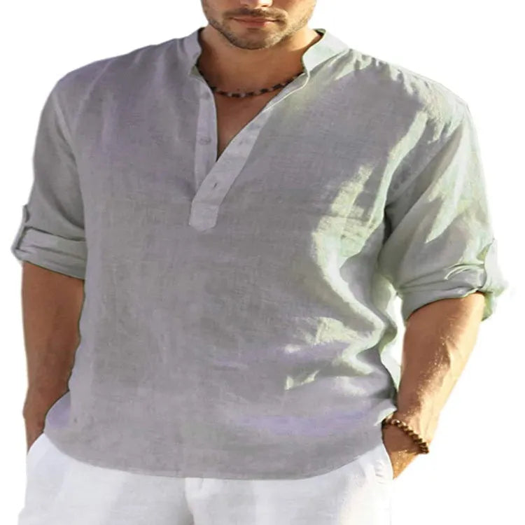 Men's solid colour cotton linen casual shirt with stand collar and long sleeves.
