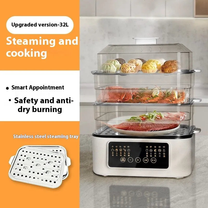 Stainless steel electric steamer kitchen appliance with 10 litre capacity and automatic measuring function