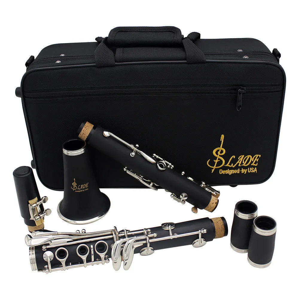 Black Bakelite beginner clarinet with nickel-plated 17-key mechanism and included carrying bag.