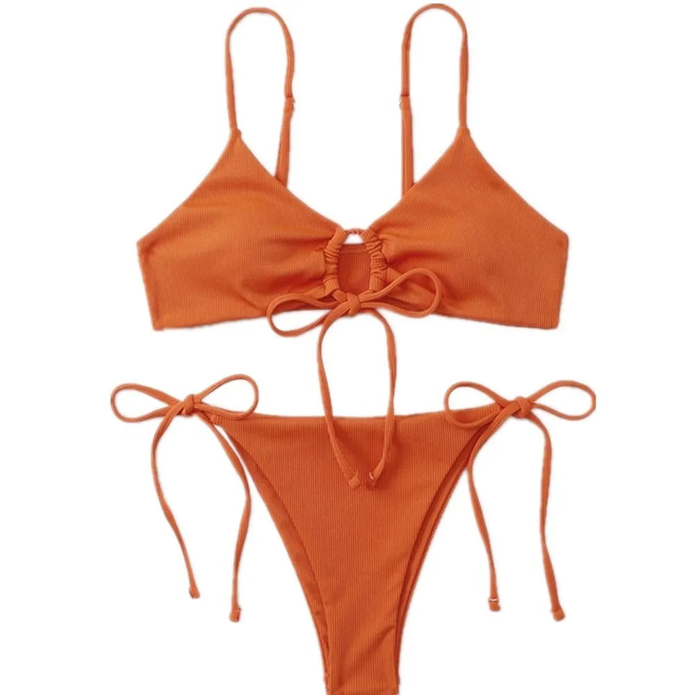 Women's solid colour bikini with drawstring ties on bra and briefs, shown in army green.