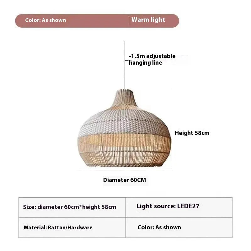 Woven rattan pendant chandelier with a 60cm diameter in a pastoral Silent Wind style.