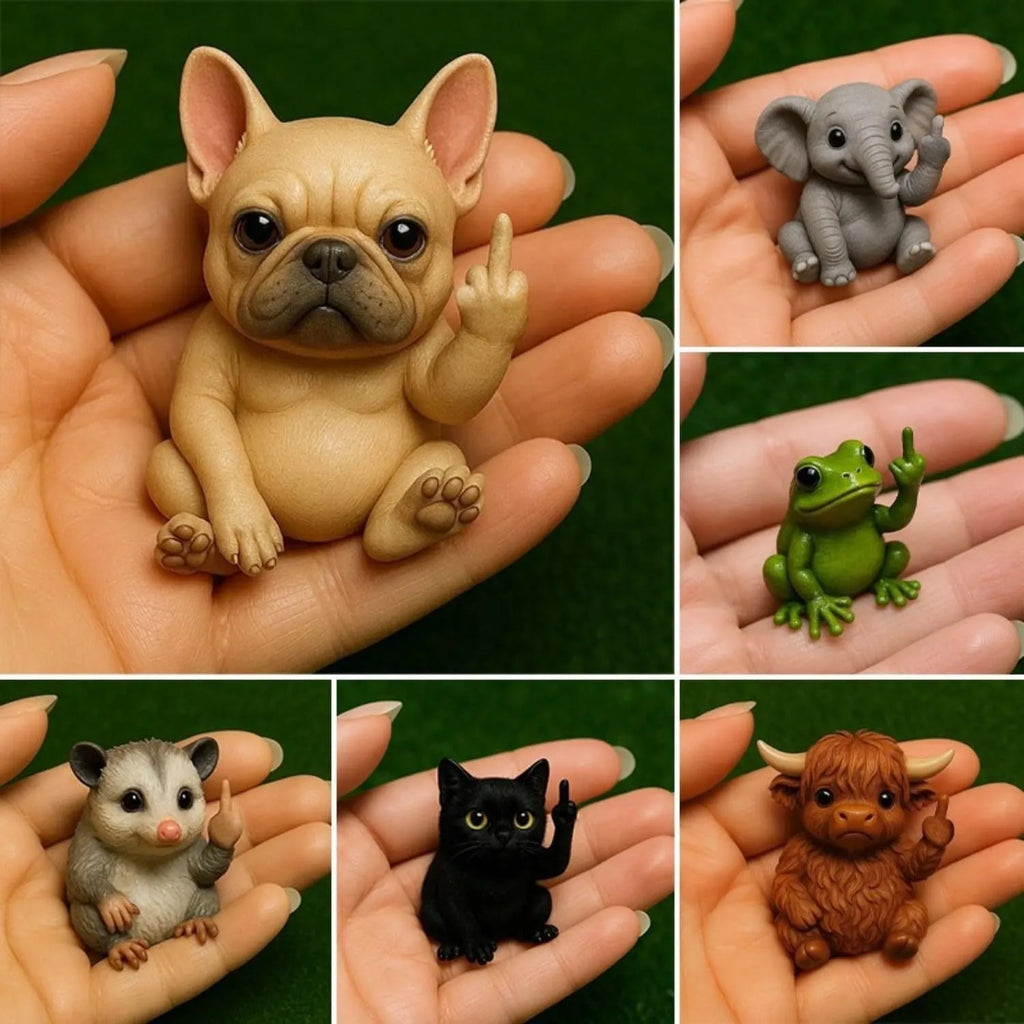 Mini resin animal doll in vertical middle finger pose - available in seven animal designs including cat, dog, elephant, frog, highland cattle, mouse, and turtle