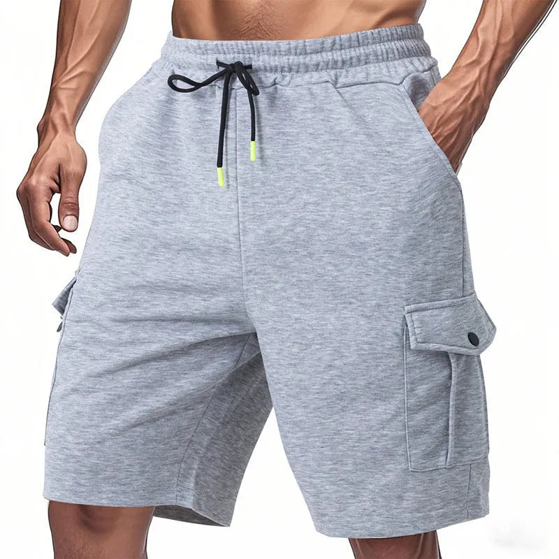 Men's heavy loose casual multi-pocket sports cargo shorts in towel terry fabric available in light grey, black, and dark grey