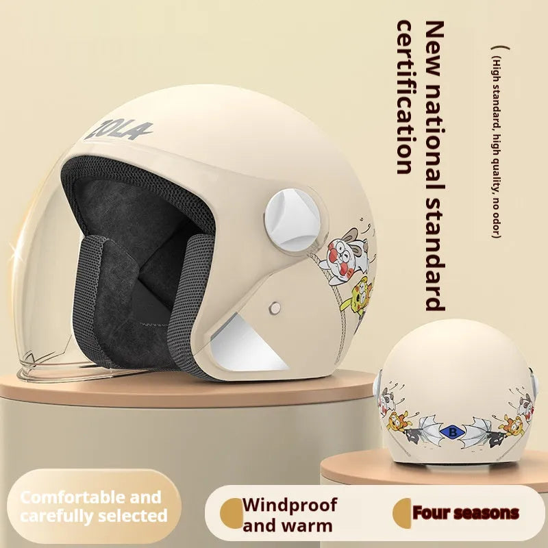 Adult electric bicycle helmet with attached winter scarf and anti-fog visor in blue colour