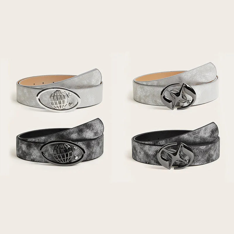 Retro women's belt with oval alloy buckle in thick PU leather vintage style