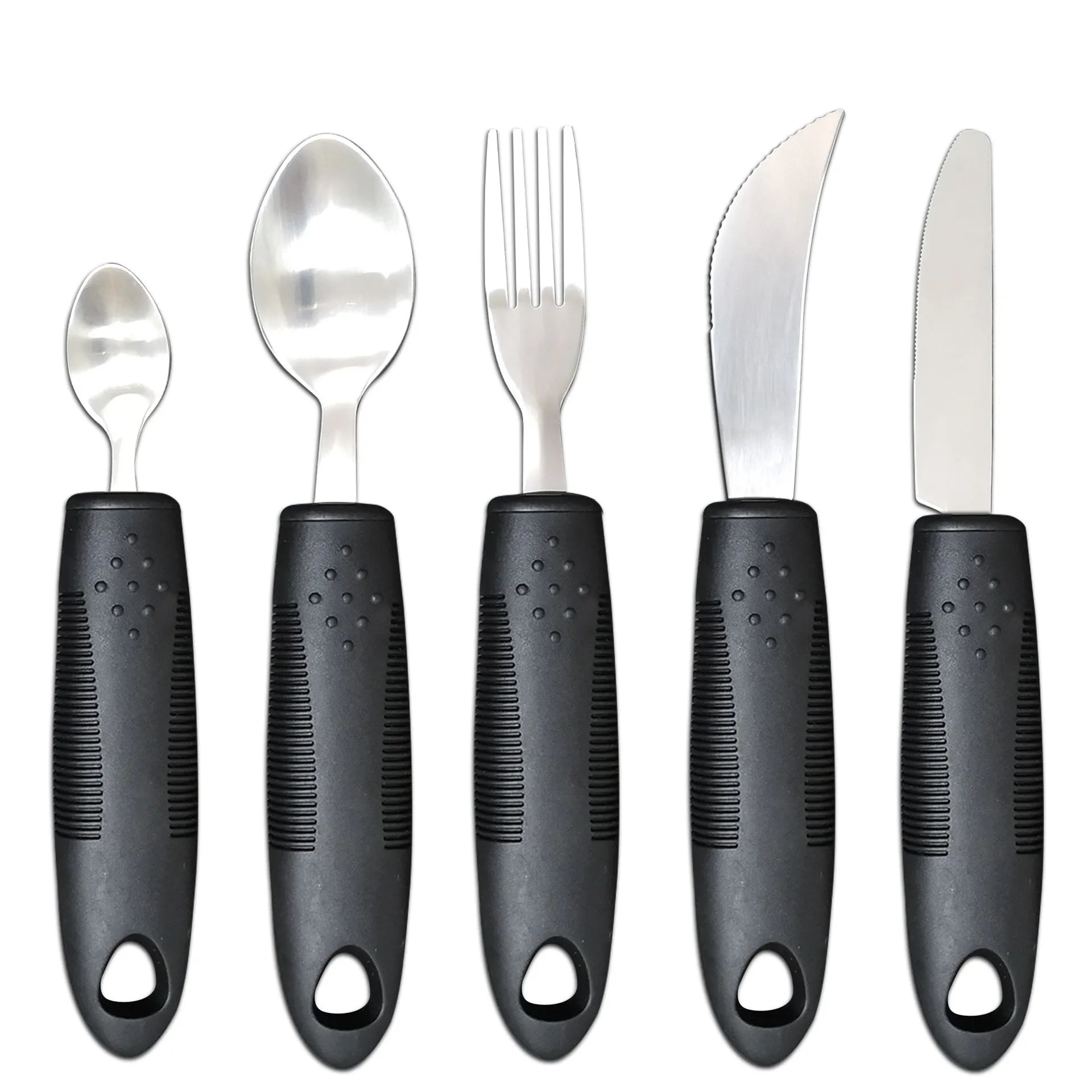 Stainless steel adaptive tableware with rubber handles in black and grey curved and straight designs