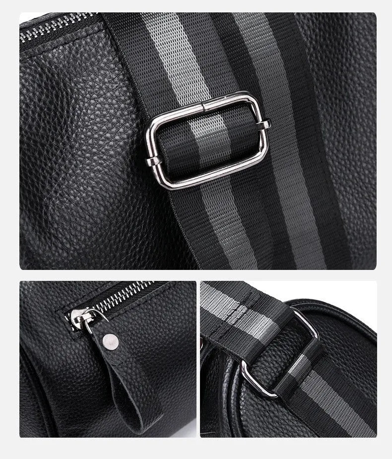 Black genuine leather one-shoulder crossbody bag showing front and side view.