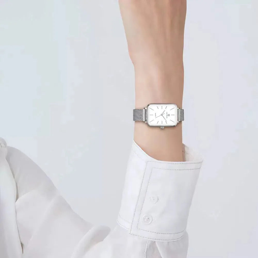 Women's waterproof quartz watch with woven steel strap and alloy case