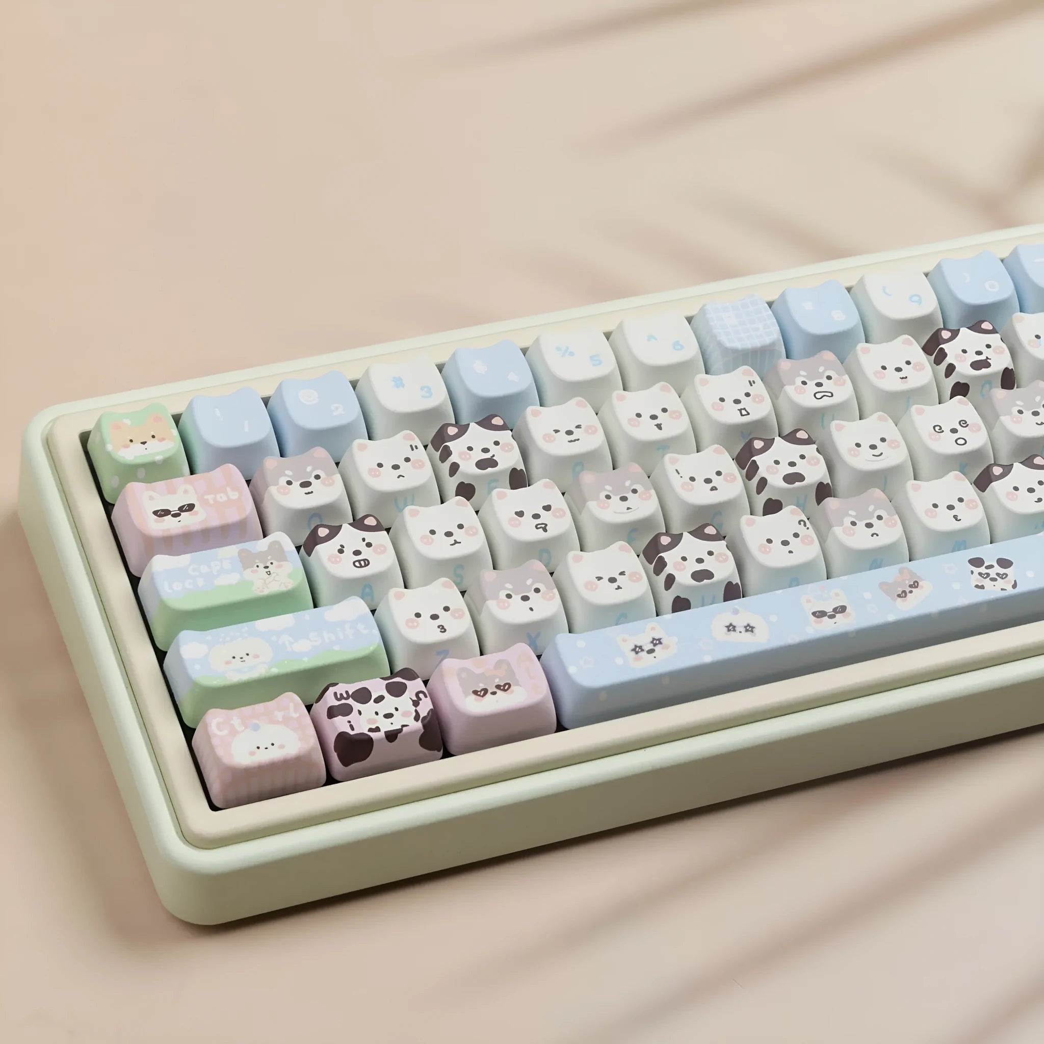 Full set of PBT plastic keycaps for mechanical keyboards with colourful sublimated cat and puppy animal designs.