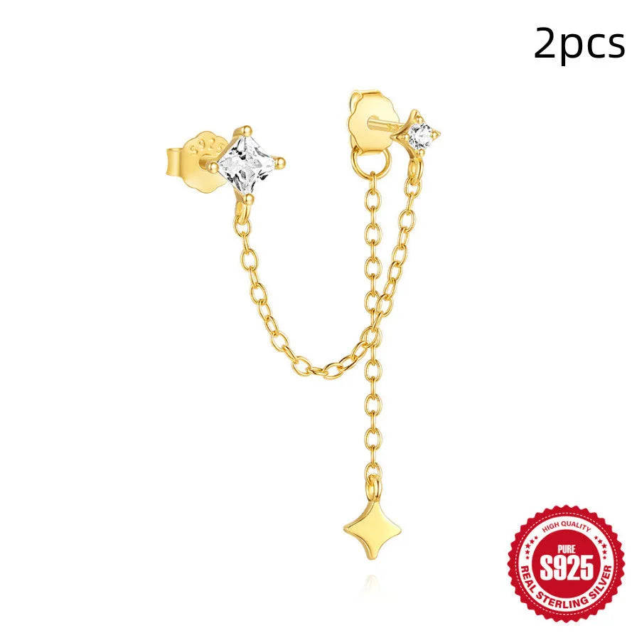 S925 sterling silver zircon stud earrings in golden geometric designs including clover, crown and chain styles