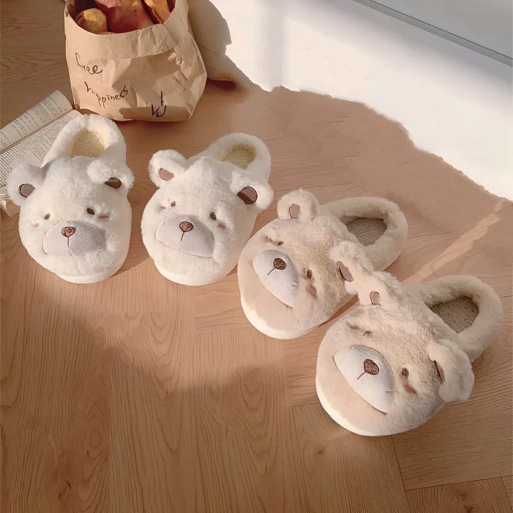 Women's plush slippers with suede upper in round toe design and cartoon pattern
