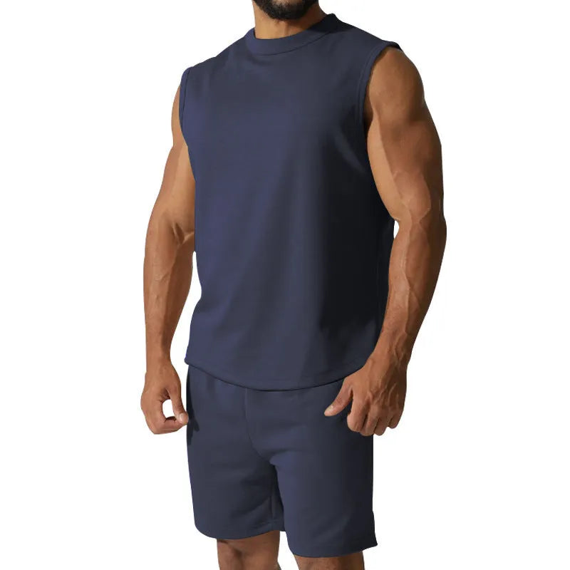 Men's sleeveless top and shorts cotton blend sports suit set in multiple solid colours