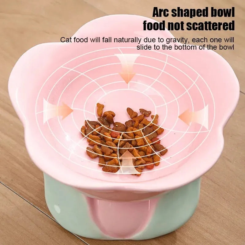 Blue and pink floral patterned ceramic raised pet bowl with non-slip base for cats and small dogs