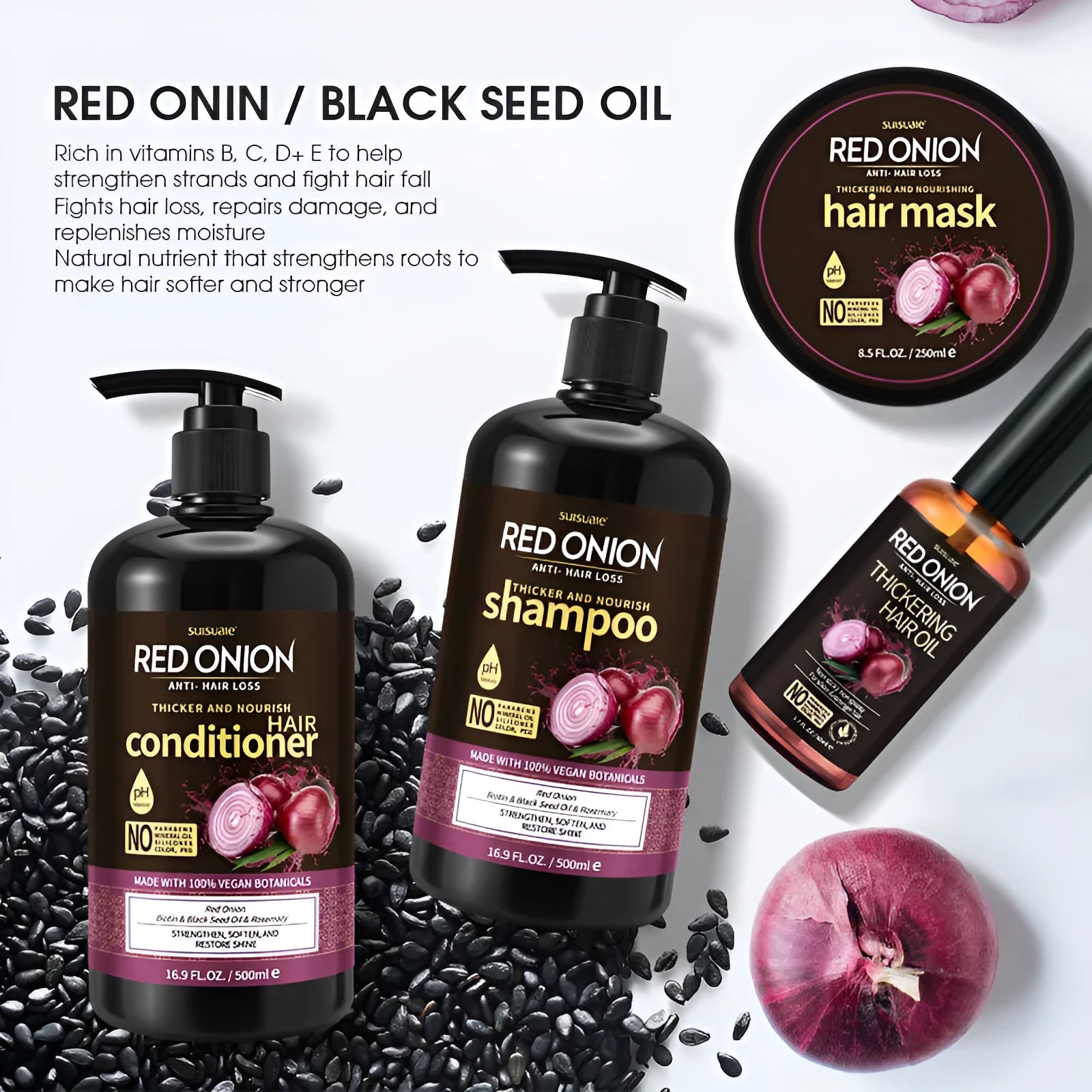 Red onion shampoo conditioner four-piece set with shampoo, conditioner, hair mask and essential oil bottles
