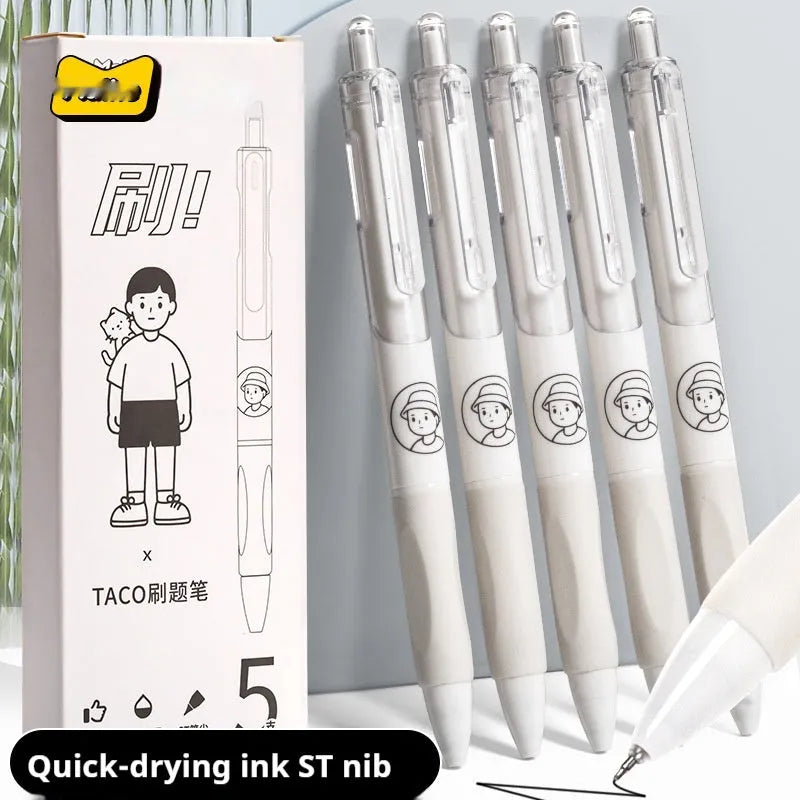 Five neutral colour ballpoint pens with 0.5mm black ink refills arranged together