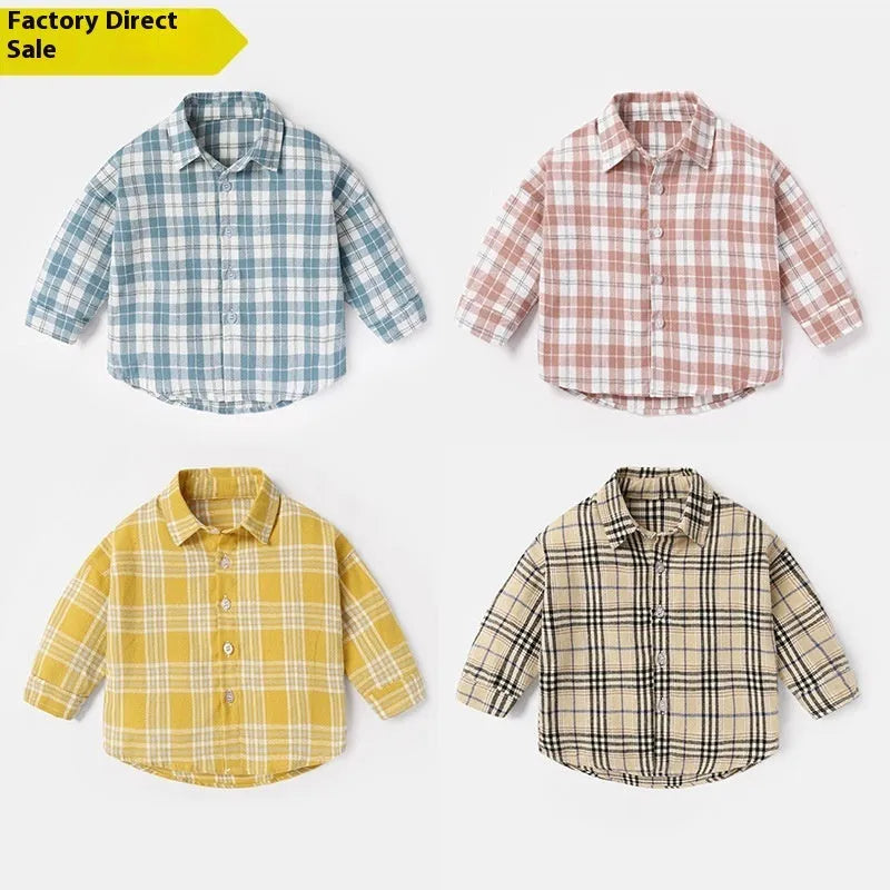 Boys cotton lattice print long sleeve shirt in khaki with animal cartoon pattern