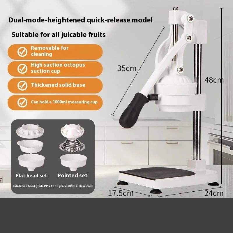 Stainless steel manual orange juice juicer on a counter, showing large cone and metal finish.