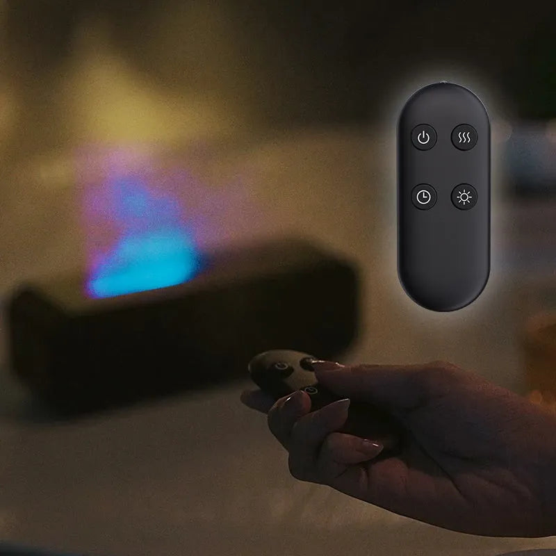 Black and white aroma diffuser with colour-changing flame effect lights and remote control for aromatherapy