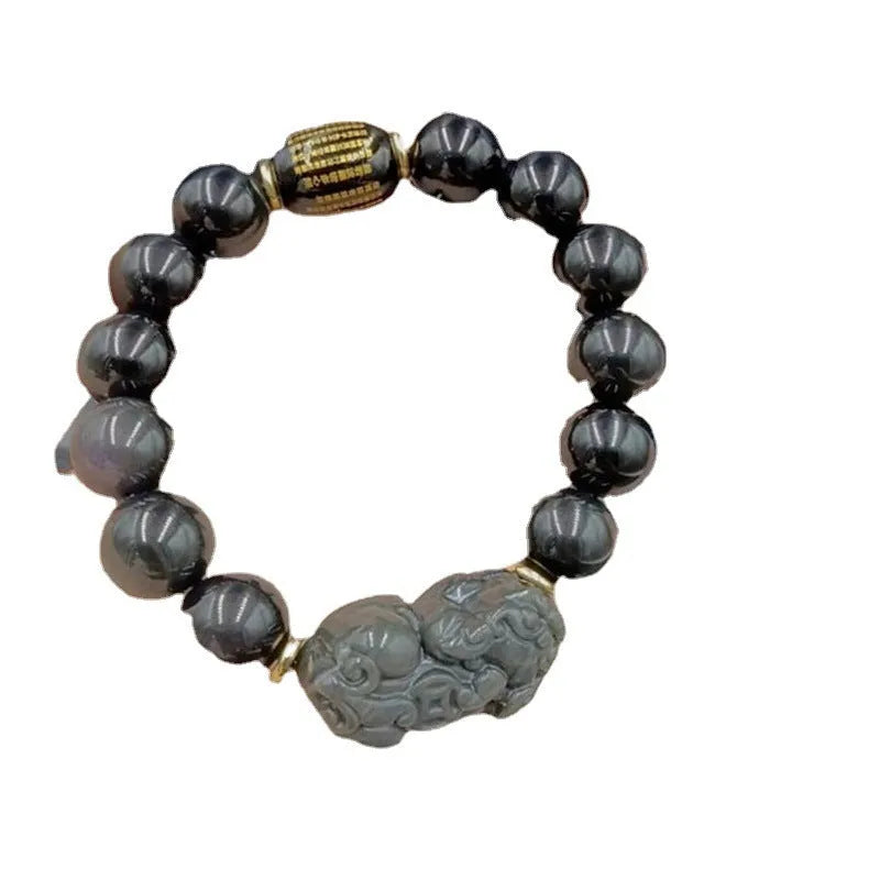 Natural obsidian Heart Sutra bracelet on display with 10mm and 14mm bead options