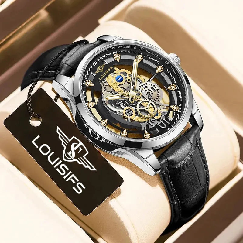 Swiss men's quartz watch with hollow design and leather strap, 12mm thickness business style