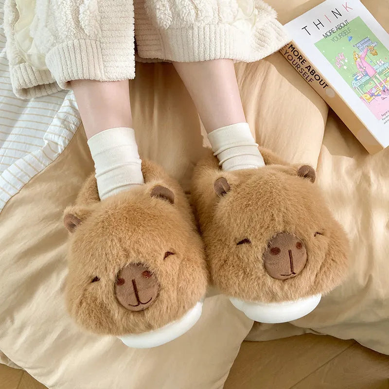 Light brown cartoon pattern women's winter slippers with plush cotton upper and artificial wool lining