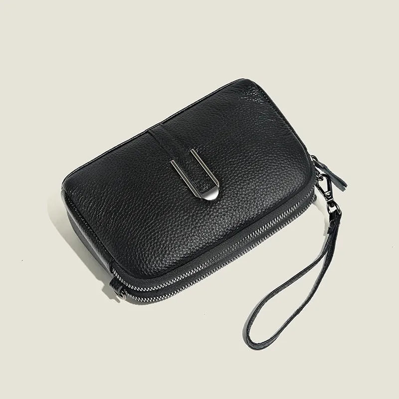 Top-grain leather crossbody bag in khaki with horizontal square shape and inner pockets