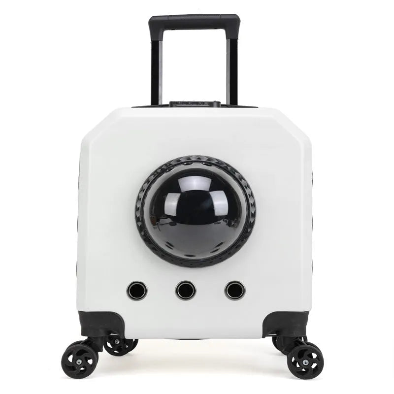 Hard PVC pet flight case on wheels in orange colour with removable luggage compartment.