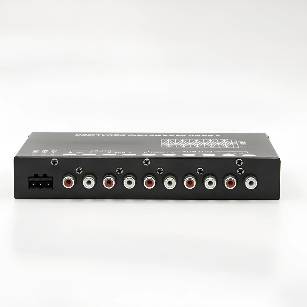 Black car audio EQ equaliser unit with control panel for frequency adjustment and subwoofer management