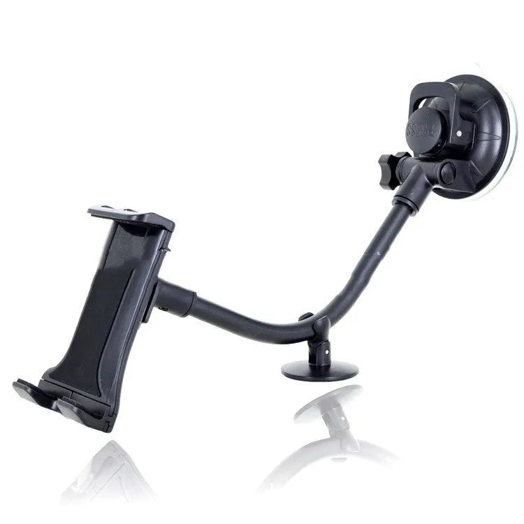 Black vehicle-mounted tablet holder with adjustable 4-12 inch arm and suction cup mount