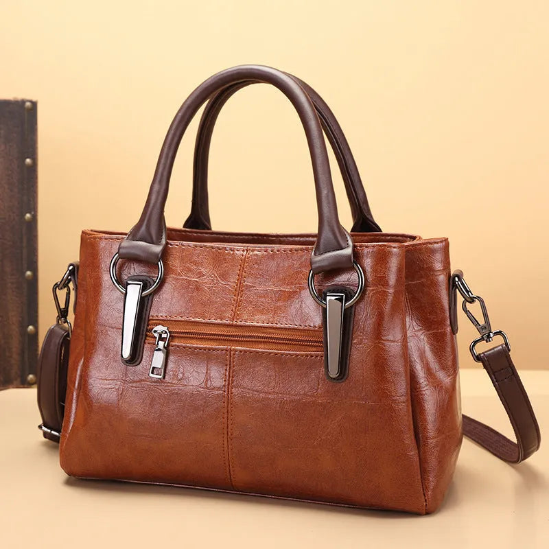 Large horizontal square PU leather bag in vintage brown with internal organisation compartments