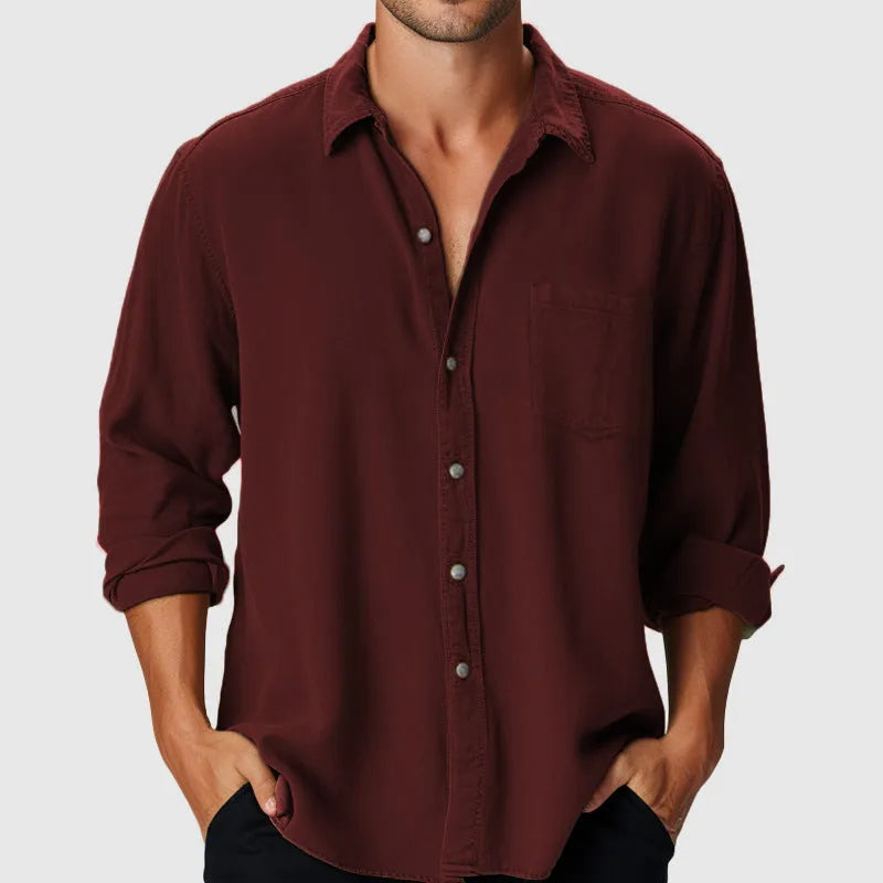 Men's loose-fit beach holiday shirt with stand collar and long sleeves in blue colour option