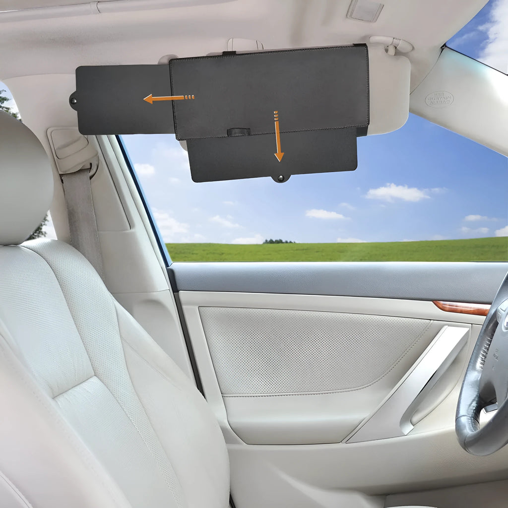 Portable retractable car sun visor in black PU leather, universal fit, 31cm width