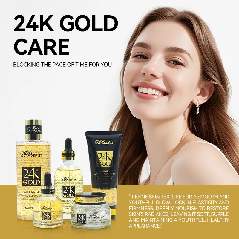DR.ROSEVA 5Pcs 24K Gold Radiance luxury skincare gift box with Cleanser Toner Serum Eye Serum and Face Cream