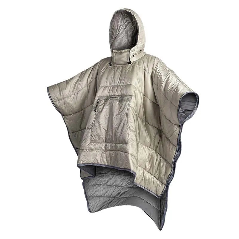 Army green outdoor cloak sleeping bag with wearable design showing 200x140cm dimensions