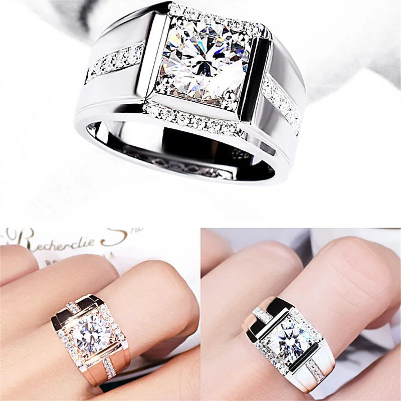Men's adjustable imitation moissanite ring in electroplated copper with geometric diamond design