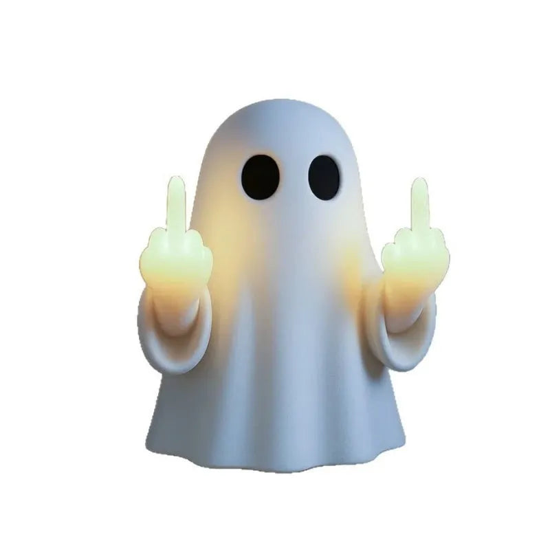 White ghost statue Halloween night lamp with LED lighting on black background